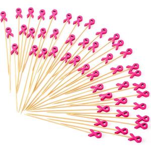 Chengu 400 Pcs Breast Cancer Awareness Cocktail Picks 4.7 Inch Pink Ribbon Bamboo Toothpicks Sandwich Appetizer Fruit Sticks for Cupcakes, Bbq, Fruit, Appetizers, Finger Foods Fundraising Events