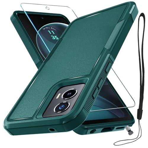 RMOCR Case Compatible with Moto G Stylus 5G 2024, Full Body Heavy Duty Rugged Shockproof Protective Phone Cover with Lanyard Strap, Tempered Glass Screen Protector, Dark Green