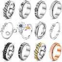 FASACCO 12Pcs Fidget Anxiety Rings for Women Men - Spinner Fidget Rings for Anxiety Relieving Stress Flower Moon Star Stainless Steel Rings Adjustable Size 13