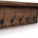 HBCY Creations Rustic Brown Solid Wood Wall Mounted Coat Rack with Shelf, 5 Hooks, 24" Long - Kitchen, Mudroom, Entryway, Bathroom - Includes Mounting Hardware, Coat Hanger, Dog Leash Hooks