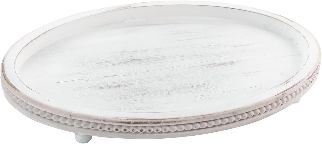 Wooden Oval Decorative Tray for Coffee Table, Kitchen, Dining, Entryway - Small Beaded Farmhouse Centerpiece for Holidays - Weathered White