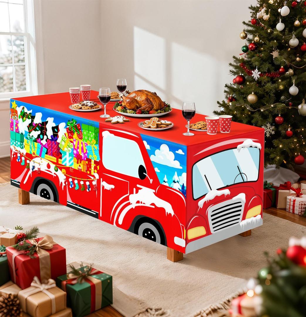 6 FT Christmas Red Truck Tablecloth Xmas Truck Table Cloth Washable Fabric Polyester Rectangle Table Cover for Birthday Winter Christmas Holiday Party Decorations Tablecloths