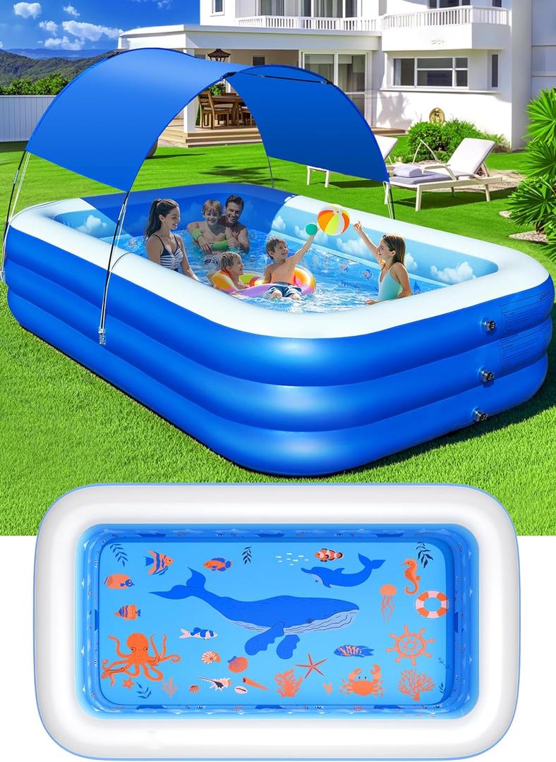 Inflatable Pool with Canopy, Upgraded Inflatable Swimming Pool for Kids, Adult, Large Inflatable Blow up Pools, Ocean Theme Oversized Thickened 100"x63"x22"Inflatable Family Pools for Backyard-Blue