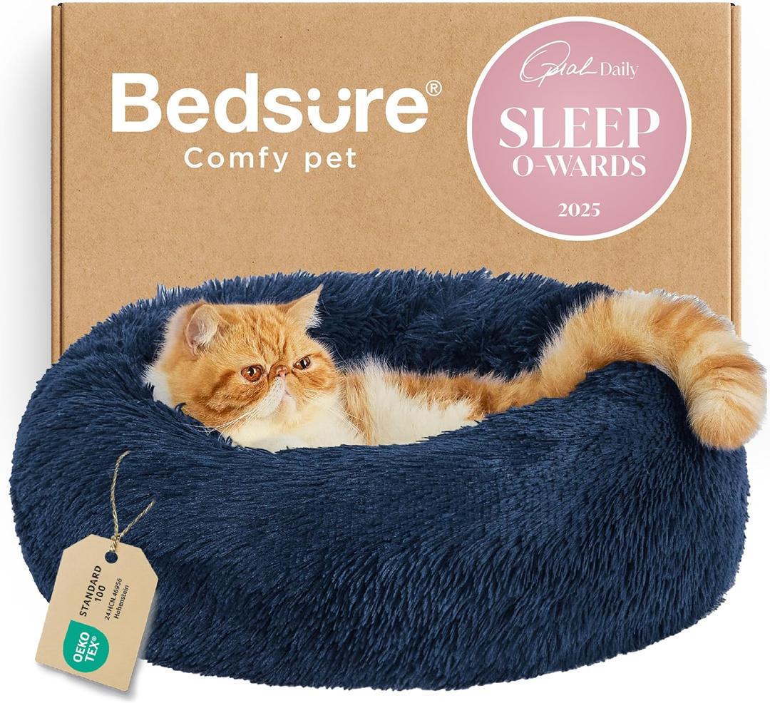 Bedsure Calming Cat Beds for Indoor Cats - Small Cat Bed Washable 20 inches, Anti-Slip Round Fluffy Plush Faux Fur Pet Bed, Fits up to 15 lbs Pets, Navy