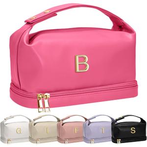 Gifts for Women, Makeup Bags with Handle, Initial Double Layer Cosmetic Bag with Makeup Brush Organizer, Cute Cosmetic Pouch for Women, Gifts for Daughter Friends Female Mom (Hot Pink)