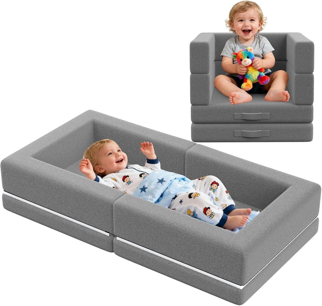 Portable Foldable Toddler Travel BedFoldable & Soft - Convertible 3-in-1 Soft Foam Floor Bed with Washable Cover,Folding Floor Bed Best for Home/Travel/Playing/Hotel,Grey