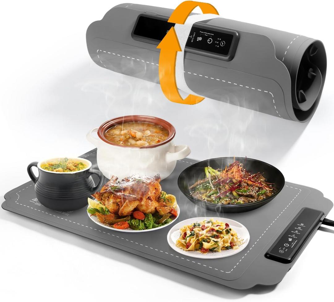 Food Warming Mat, Electric Food Warming Mat with 4 Temp Settings & 6H Timer, Portable & Rollable, Fast Full Surface Electric Warming Tray with Child Lock for Party and Daily Use (Grey) (Gray)
