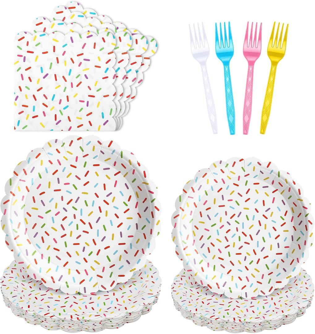 96 Pcs Donut Plates and Napkins Party Supplies Include Sprinkles Paper Plates, 2 Ply Cocktail Napkins, Plastic Forks Disposable Tableware for Baby Shower Birthday Party for 24 Guest (Scalloped)