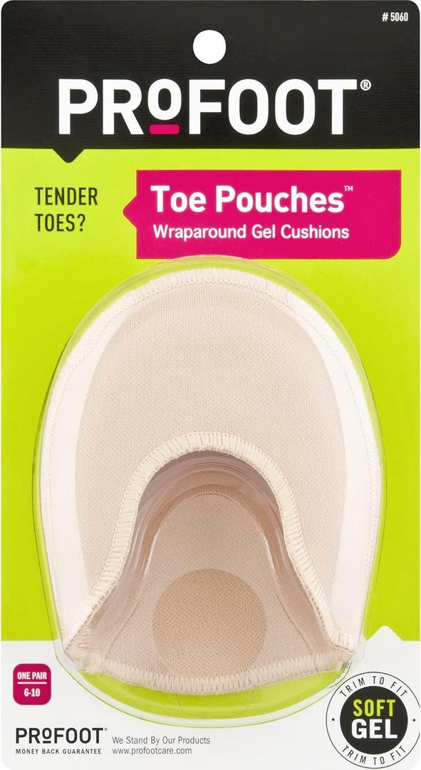 PROFOOT Toe Pouch Cushions Women's 6-10 (1 Pair) Protects Toes Cushions & Supports Tender Toes Trim to Fit All Shoe Types