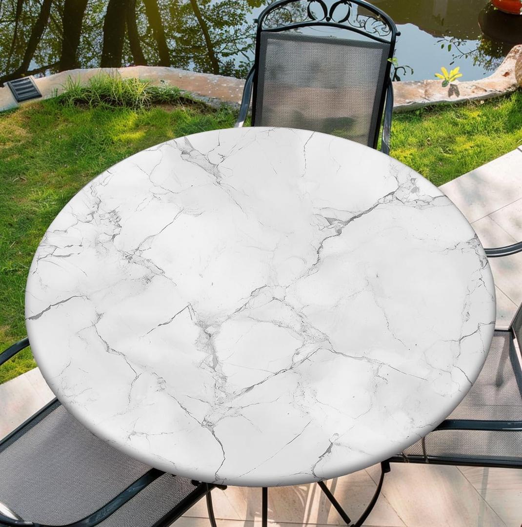 Round Tablecloth with Elastic Edge, 36-60Inch Waterproof Table Cloth for Dinner, Outdoor, Picnic, 48inch, White Marble