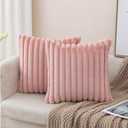 ZLINA Set of 2 Baby Pink Faux Fur Decorative Throw Pillow Covers Fluffy Striped Pillowcase Cushion Covers 16 x 16 Inch Decor Sofa Couch Bedroom