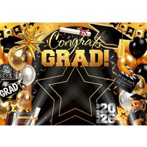 HANYING 7x5ft Graduation Season Backdrop,Class of 2026 Black Gold Congratulations Graduate Background,Congrats Grad Prom Party Cake Table Decoration,Photo Studio Props,HYLC121