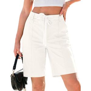 luvamia Bermuda Shorts for Women Trendy High Waist Knee Length Chino Long Shorts Drawstring Summer Casual Short 9" (Beige, XL)