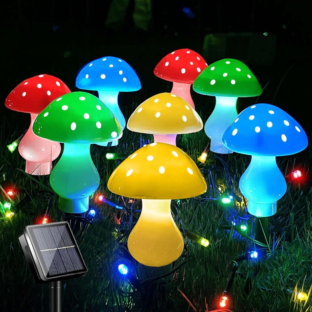 Upgraded Outdoor Solar Garden Lights, 8 Pack 50 LED Mushroom Outdoor 8 Modes 23ft Waterproof Solar Powered Landscape Cute Fairy String Light for Yard Patio Outside DecorMulticolor