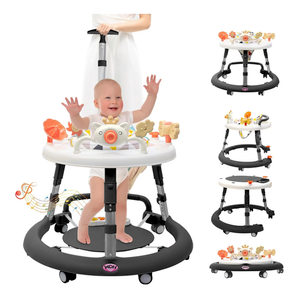 Baby Walker with Wheels, Music & Brakes - Anti-Rollover Walker for Babies 6-12 Months, Adjustable with Foot Pads/Handles, White And Black