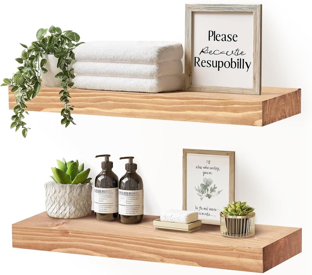 17x8x1.6 inch Floating Shelves Set of 2  Solid Wood Rustic Oak Wall Mounted Shelf for Kitchen, Bathroom, Living Room