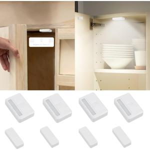 4 Pack Cordless Cabinet Lights, Door Open Activated Sensor Automatic Turn On Off Led Cupboard Drawer Closet Light Battery Operated Stick On Up Puck Lights Indoor for Kitchen Cabinets Pantry Gun Safe (White)