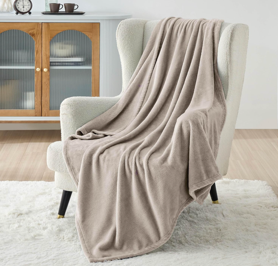 Throw Blanket for Couch Oxford Tan - Lightweight Plush Fuzzy Cozy Soft Blankets and Throws for Sofa, 50x49 inches