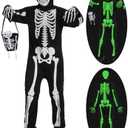 qqpouc Halloween skeleton costume kids,glow in the dark skeleton costume on both sides Skuller candy bag for boys and grils Small