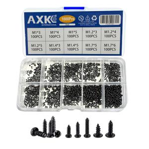 1000PCS Micro Self Tapping Screws Kit (M1/M1.2/M1.4/M1.7) - Phillips Round Head Carbon Steel Black Screws for Electronics & Woodworking