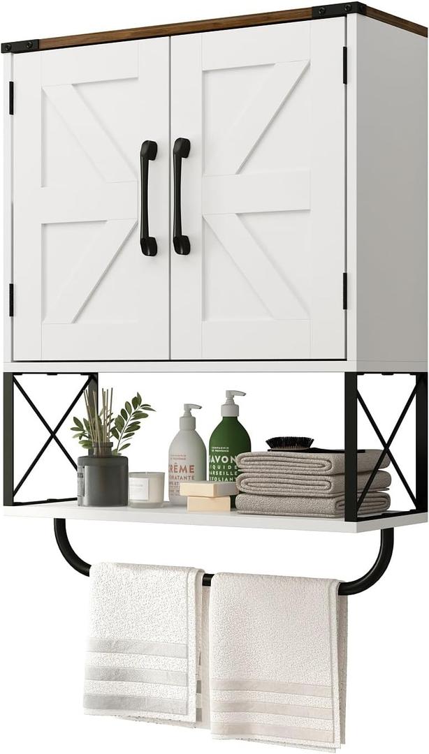 RUSTOWN Farmhouse Medicine Cabinet with 2 Barn Door, Boho Wood Wall Mounted Storage Cabinet with Adjustable Shelf and Towel Bar, 3-Tier Bathroom Cabinet for Bathroom (White and Walnut)