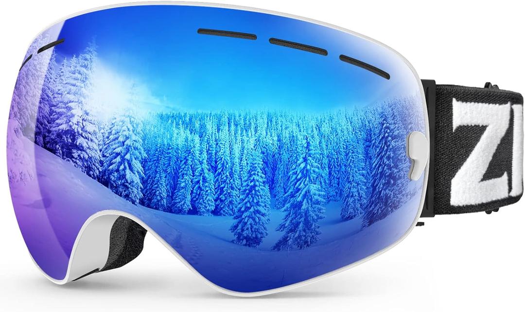 ZIONOR X Ski Snowboard Snow Goggles OTG Design for Men Women Adult with Spherical Detachable Lens UV Protection Anti-fog (VLT 22% White Frame Revo Blue Lens)