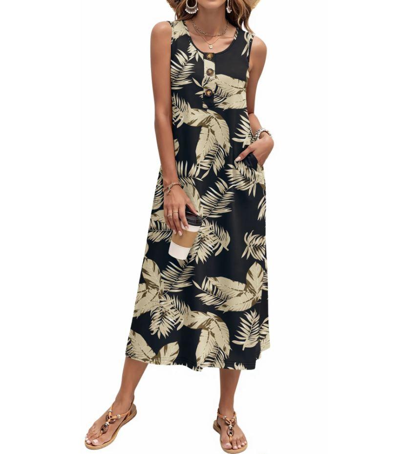 Fantaslook Long Tank Dresses for Women Summer Sleeveless Button Down Dress Casual Loose Beach Vacation Sundress, L