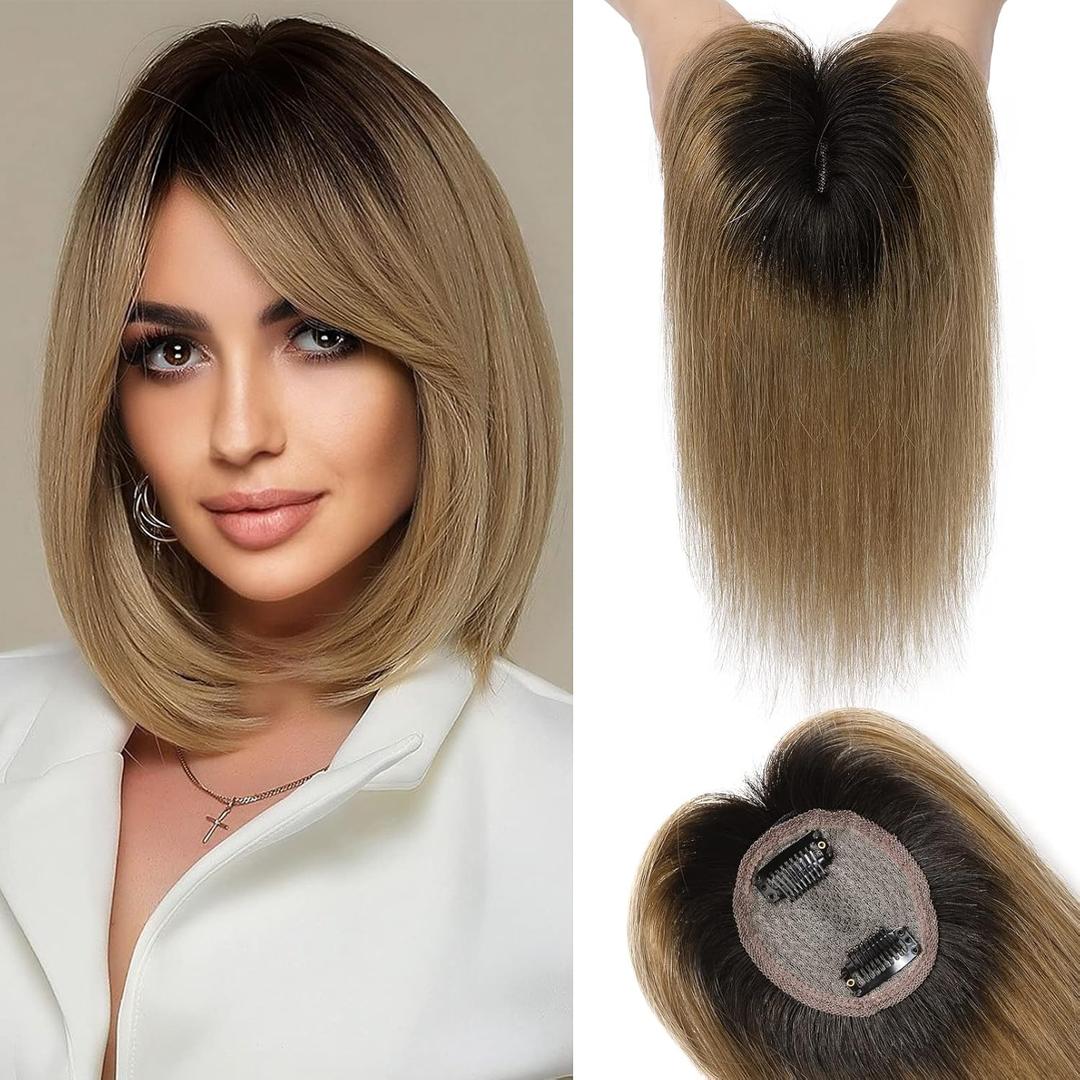 REECHO Real Human Hair Toppers for Women, 10 Inch with Bangs, Ombre Ash Blonde