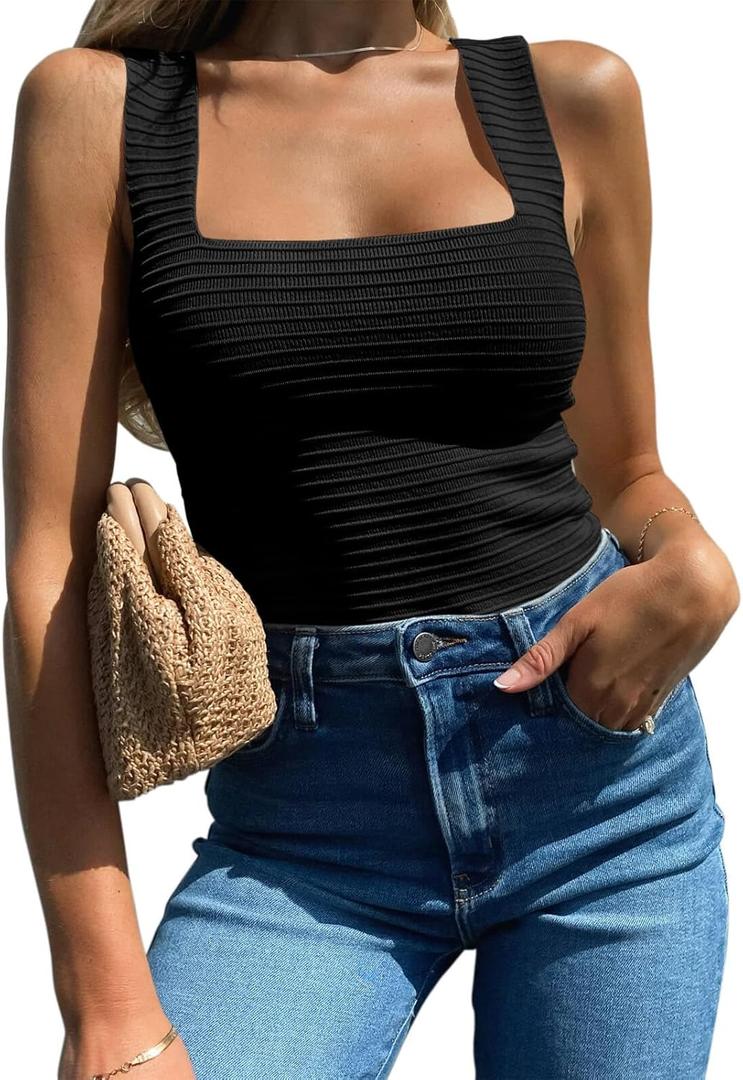 BZB Womens Ribbed Tank Tops 2025 Summer Sleeveless Square Neck Shirts Casual Slim Fitted Knit Shirts (Large, 01 Black)