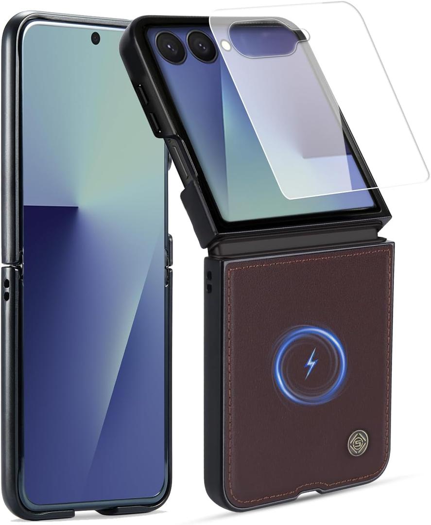 ASAPDOS Genuine Leather Folio Magnetic Case for Samsung Galaxy Z Flip 7 [Compatible with MagSafe],Built-in Screen Protector and Thin Slim Protective Case Cover Coffee