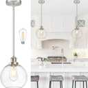 Bagood 8 Inch Nickel Hanging Pendants Light Contemporary Globe Pendant Kitchen Island Modern Pendant Lights with Clear Glass Adjustable Hanging Light Fixture for Dining Room Bedroom (Bulb Incl.)