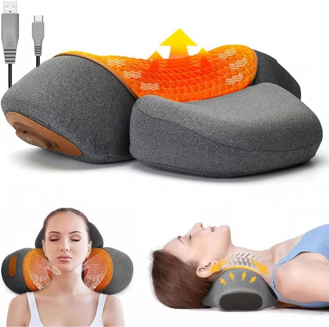 3-in-1 Neck Massager Pillow with Heat, Soothing Vibration & Cervical Traction for Pain Relief, Corded Electric Posture Support & Shoulder Relaxer for Home Office, Gifts for Men/Women (Dark Gray)