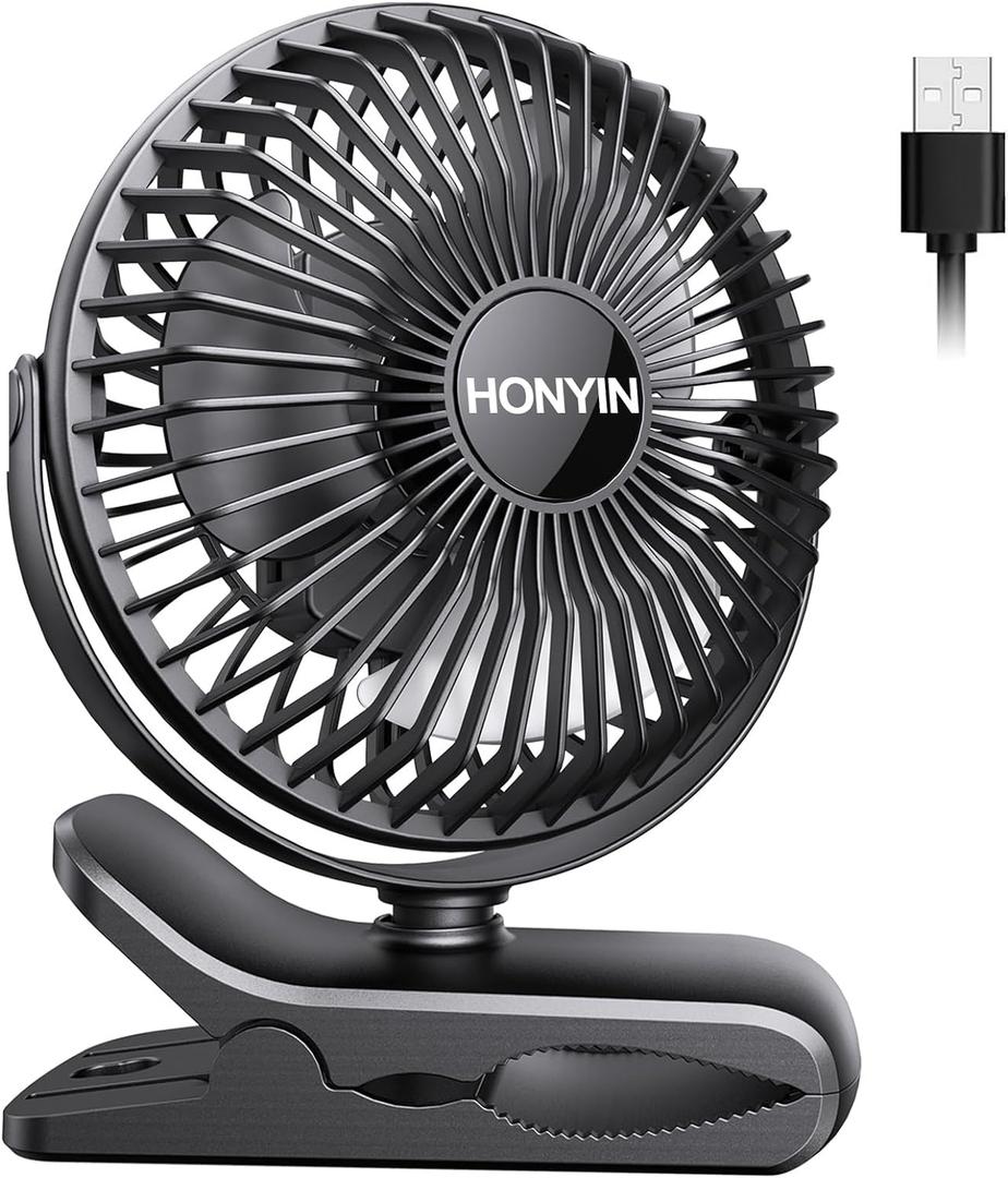 HONYIN 720 Rotation Small Desk & Clip on Fan with Sturdy Clamp, 3 Speeds, Quiet Little Personal Cooling Fan by USB Plug In, for Bedroom Office Desktop Treadmill (Black)
