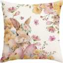 Easter Bunny Throw Pillow Covers 20x20 Inch, Egg Rabbit Floral Spring Cushion Case, Farmhouse Easter Indoor Outdoor Decor for Sofa Couch (Pink)