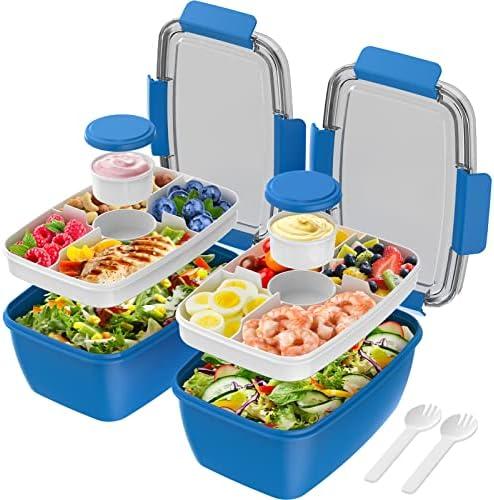 Cherrysea Salad Lunch Container, 68oz Salad Bowls with 4 Compartments Tray,Leak Proof Lunch Box with Fork for Men,Women BPA-Free Snack Box with Sauce Container for Dressings - Blue Set of One