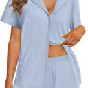 Ekouaer Womens Pajama Sets 2 Piece Cotton Pjs Button Down Sleepwear Short Sleeve Lounge Set with Pockets,L, Light Blue