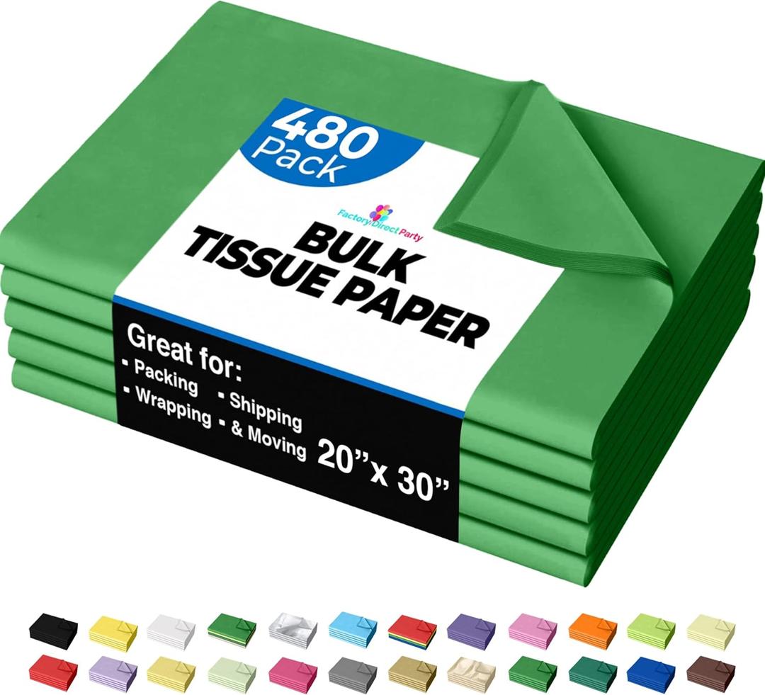 Party Solids Emerald Green Tissue Paper for Gift Bags - 20" X 30" Bulk Tissue Paper Green 480 Sheets - 10lb Newsprint for Packing, Birthday Gift Box Filler, Packing Supplies for Moving Supplies