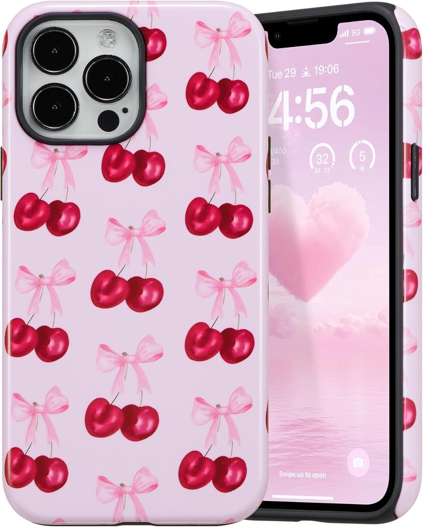DEFBSC Case for iPhone 15 Pro, Cute Pink Bow Cherry Print Aesthetic Trendy Pattern for Women Girls Slim Durable Bumper Shockproof for iPhone 15 Pro Case, Cherry/Glossy