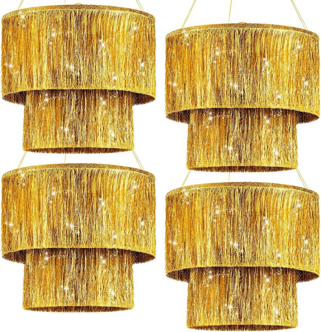 2 Pcs 2 Tier Fringe Tinsel Chandelier Iridescent Foil Party Disco Ball Decor Chandelier Decoration Metallic Foil Shimmering Bachelorette Party Decor Photo Booth Supplies (Gold)