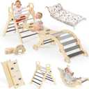 BlueWood Pikler Triangle Set with Cushion, 8-in-1 Climbing Toys for Toddlers, Montessori Philosophy Play Jungle Gym with Arch, Ramp, Ladder(Elegant Gray)