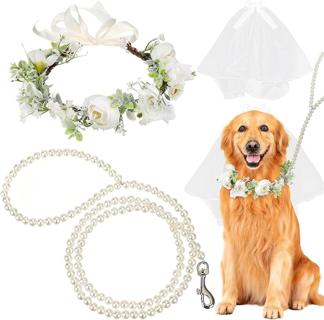 Dog Wedding Flower Collar with Pearls Leash and Veil Set, Handmade Floral dog wedding collar and dog wedding outfit, Adjustable Wreath & Beaded Leash, Perfect Pet Wedding Prop