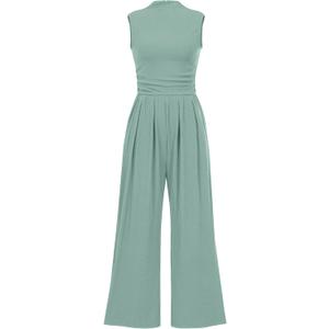 PRETTYGARDEN Womens Summer Jumpsuits Dressy Casual One Piece Outfits Sleeveless Mock Neck Wide Leg Pants Rompers with Pockets (Large, Fruit Green)