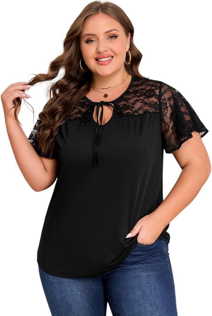 ZNU Women' s Plus Size Summer Tops Elegant Tie Front Bow Knot Round Neck Lace Ruffle Short Sleeves T-Shirts Tee Blouse (Black, XXL)