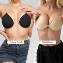 Invisible Adhesive Push-Up Bra Sticky Strapless Bra with Clear Halter Neck Strap for Backless Dresses/Tops, Size D