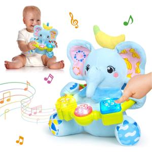 Ryotagift Baby Bilingual Musical Elephant Stuffed Animals Toys, Infant Early Learning Toy with Light-Up Music & Crinkle, Tummy Time Toys for 0 3 6 9 12+ Months for Baby Boy Girl Gift, Blue