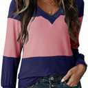 Dokotoo Womens Long Sleeve Tops V Neck Color Block Pullover Casual Sweater | Knit Tops Dressy Casual Work Officewear, Trendy Soft Cute Sweaters, Teacher Shirt, Fall Fashion 2026 Winter Clothes (Blue, XL)