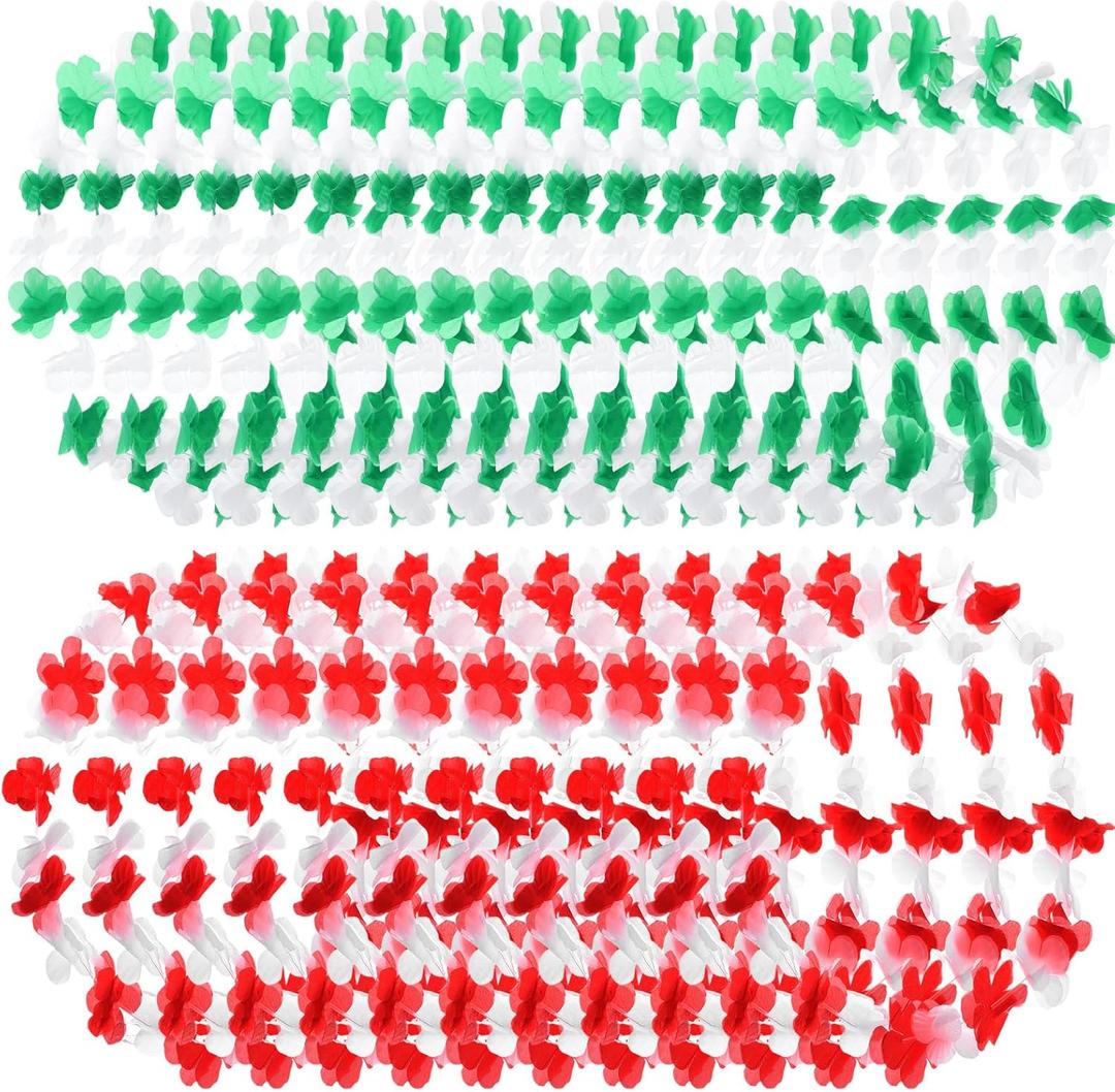 Tigeen 72 Pcs Mardi Gras Leis Decorations Bulk Hawaiian Flower Leis Tropical Necklace Decorations for Mardi Gras Carnival Luau Holiday Birthday Party Favor(Red, Green, Red Green)