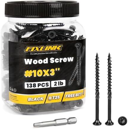 Deck Screws 3 Inch, 138pcs FIXLINK Wood Screws #10 x 3, 2lb, Epoxy Coated, T25 Star Bit Above 1500 Hour Salt Spray Coating Outdoor Decking Screws Excellent Rust Resistant for Outdoor Wood Fence, Pack of 