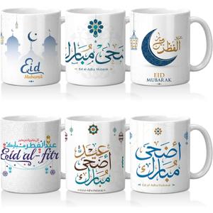 6 Pcs Ramadan Gifts Cups Eid Mubarak Coffee Mugs Islamic Gifts Bulk Ceramic Mugs Set 12oz Eid Al-fitr Tumbler for Adults Women Men Muslim Festival Holiday Favor
