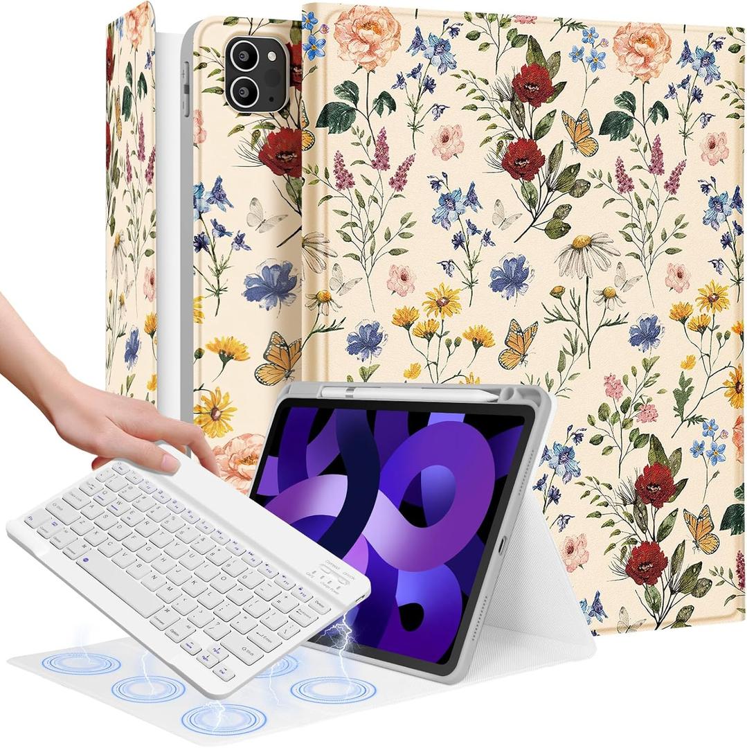for iPad Air 11 inch case with Keyboard M3/M2, Air 5th/4th Generation 10.9, Pro 11 Case with Pencil Holder Folio Women Girl Cute Kawaii for Apple Tablet Cover Air 11 M3/M3, Vintage Flowers